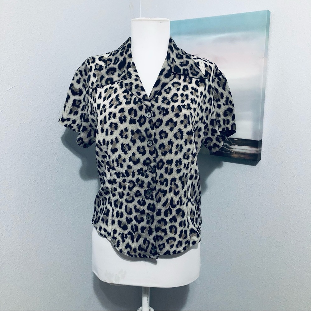 Mine Black and Gray Button Down Shirt with Notched Collar and Flutter Sleeves